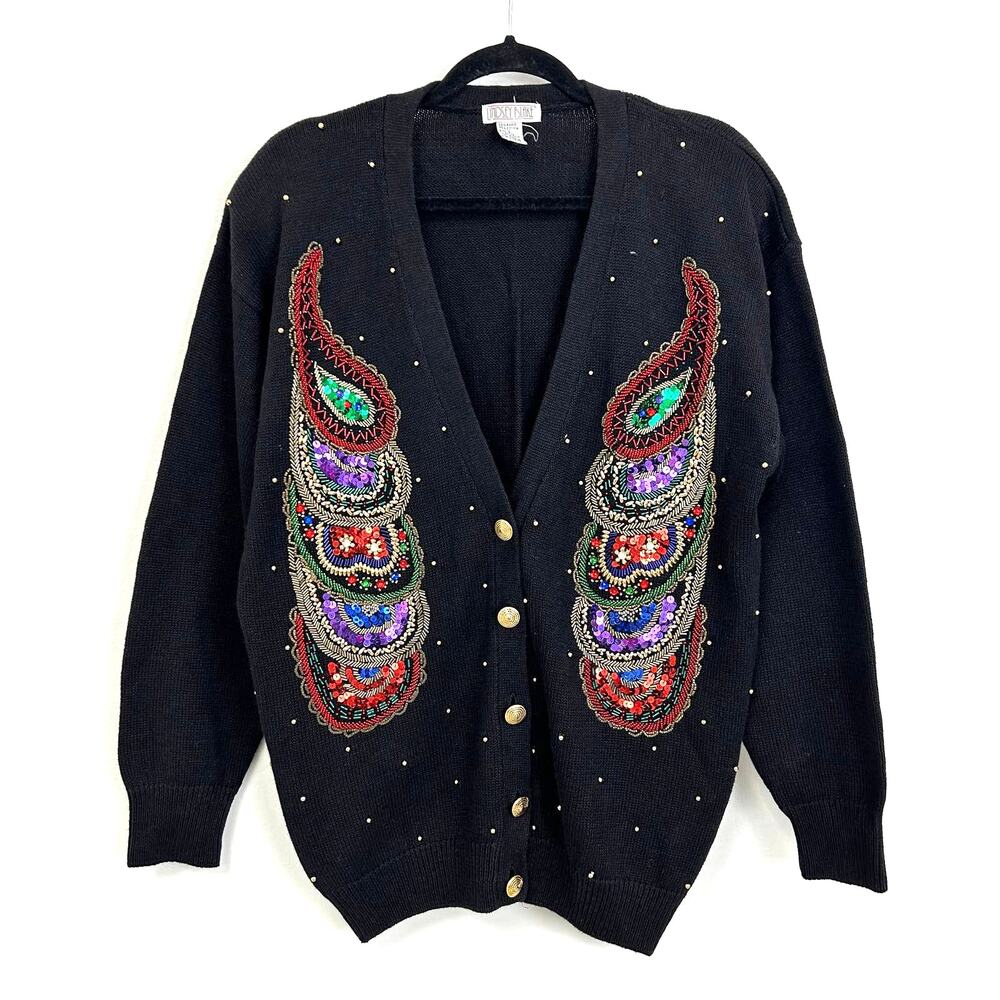 Vintage Lindsey Blake Paisley Beaded Sequin Cardigan Sweater Womens Large Black